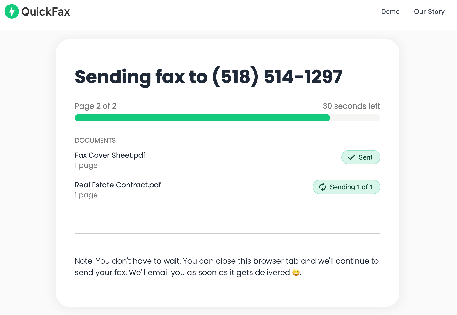QuickFax live fax sending status page