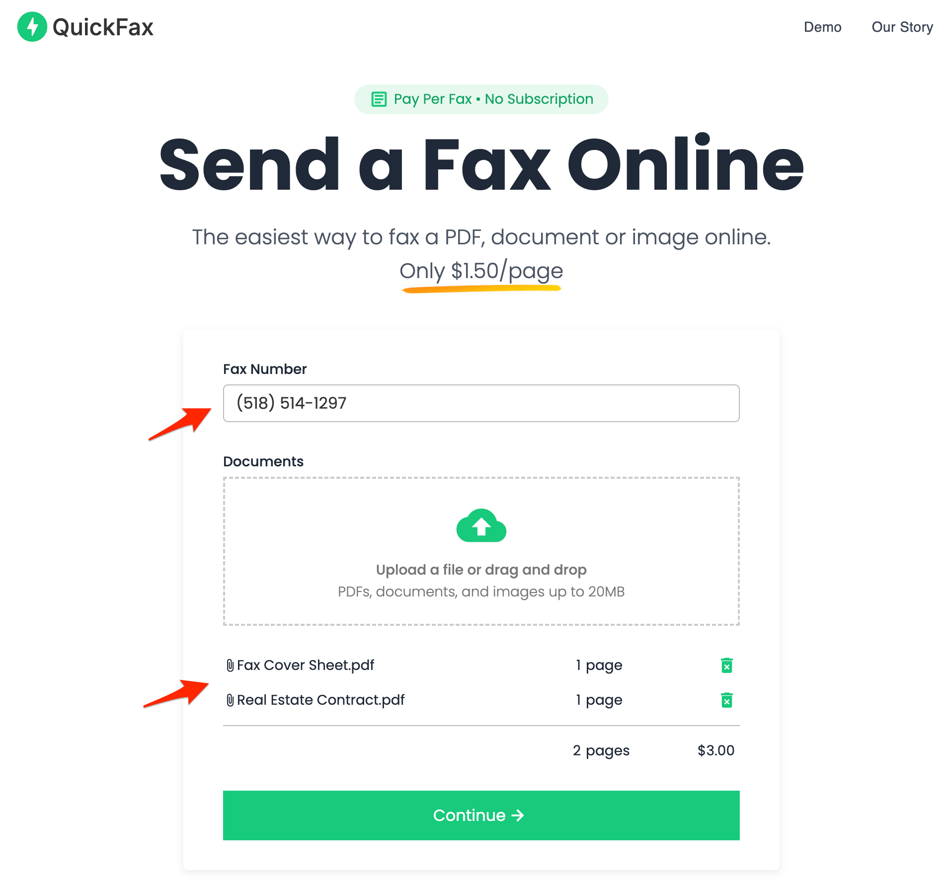 QuickFax upload documents interface